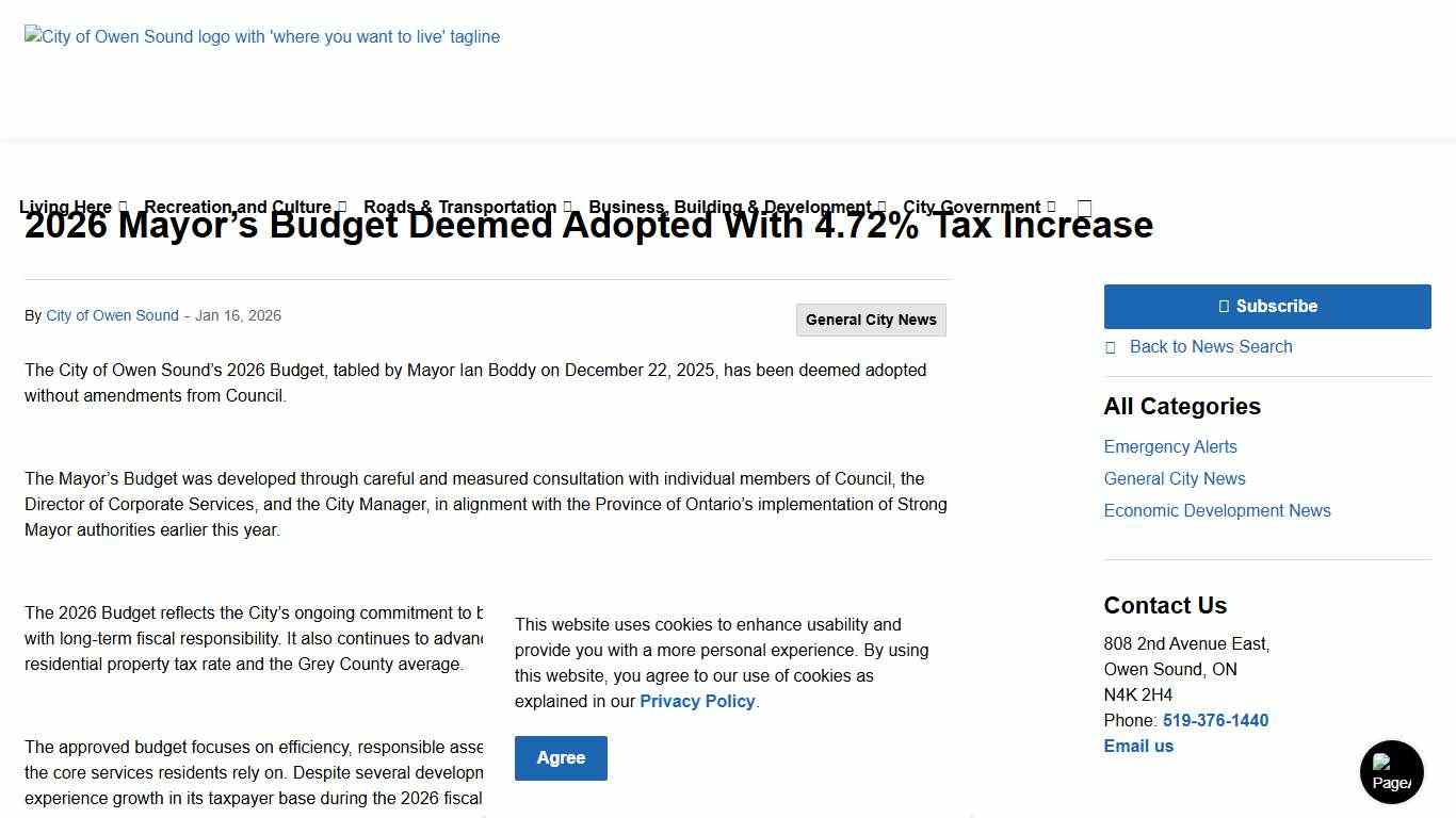 2026 Mayor’s Budget Deemed Adopted With 4.72% Tax Increase | City of Owen Sound